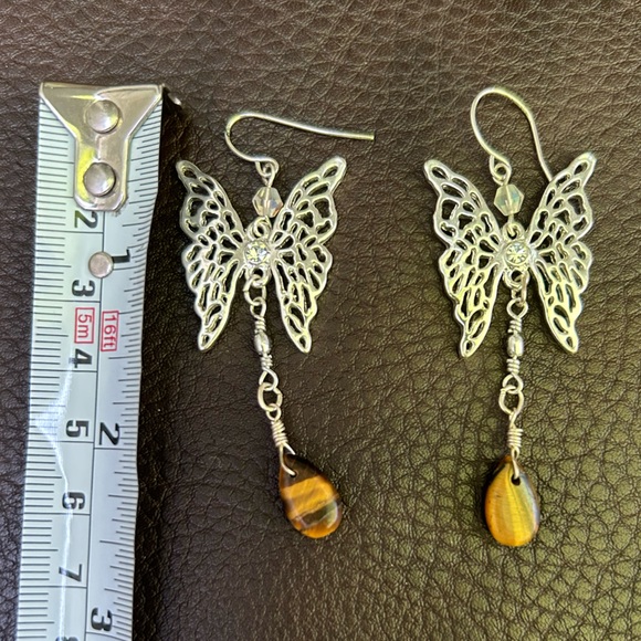Costume silver butterfly vintage pendant earrings with stone - Picture 3 of 3